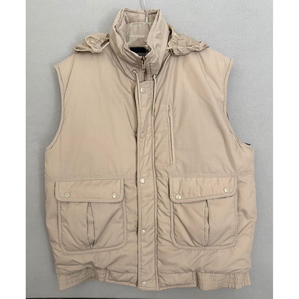 Northwest Territory Puffer Vest Flannel Lined Large Tan Hooded Pocket Vintage